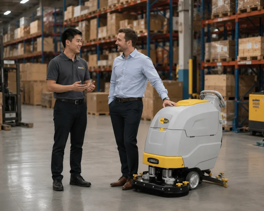 a sutoclean staff talk with a client about a floor scrubber in warehouse