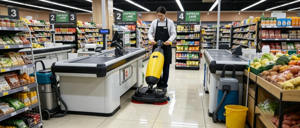 Compact floor scrubber used in supermarket