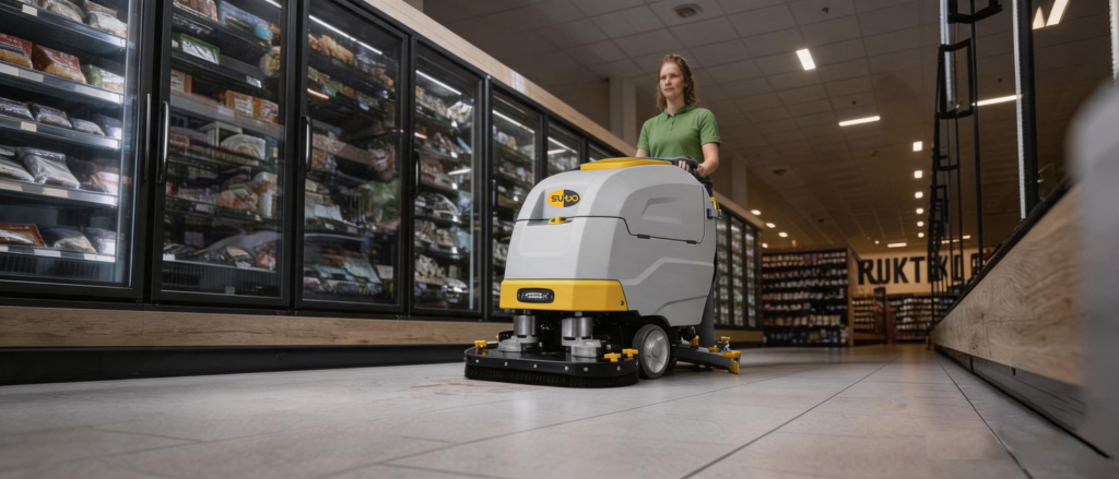 SUTO walk-behind floor scrubber cleaning commercial supermarket floor