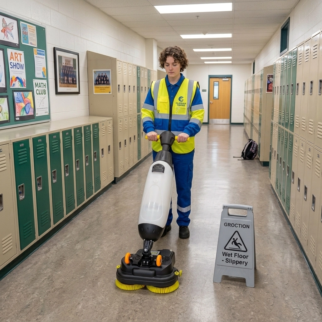 Suto-X430 Compact Scrubber Dryer Working on School