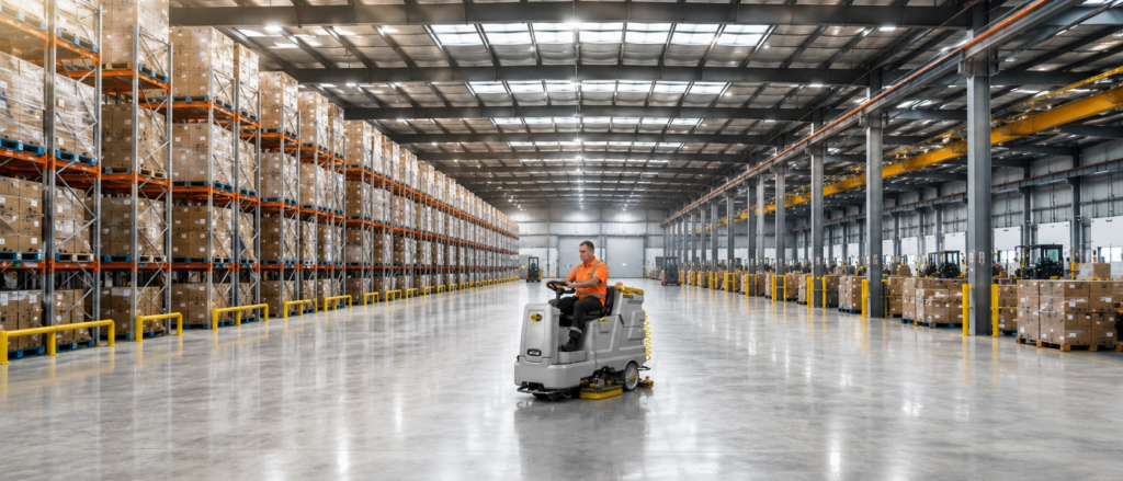 a worker drive a ride on floor scrubber working in a warehouse