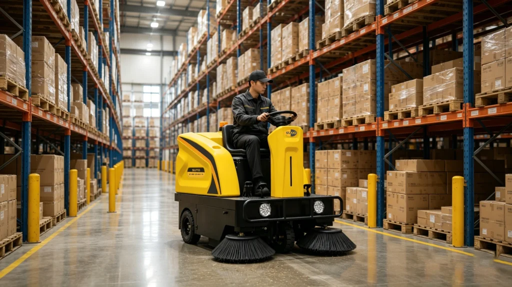 suto industrial sweeper working in warehouse